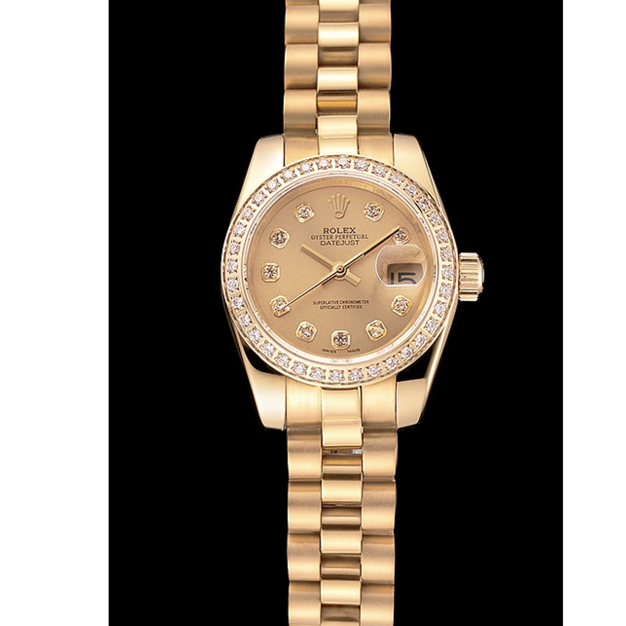 Aaa fake watches Gold Bezel Swiss Rolex Bracelet 1454095 Diamond Dial Lady-Datejust Champagne 0801